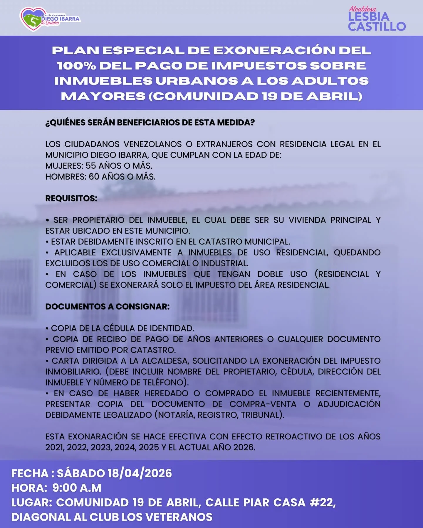Decreto de Exoneración Tributaria para Adultos Mayores de Diego Ibarra